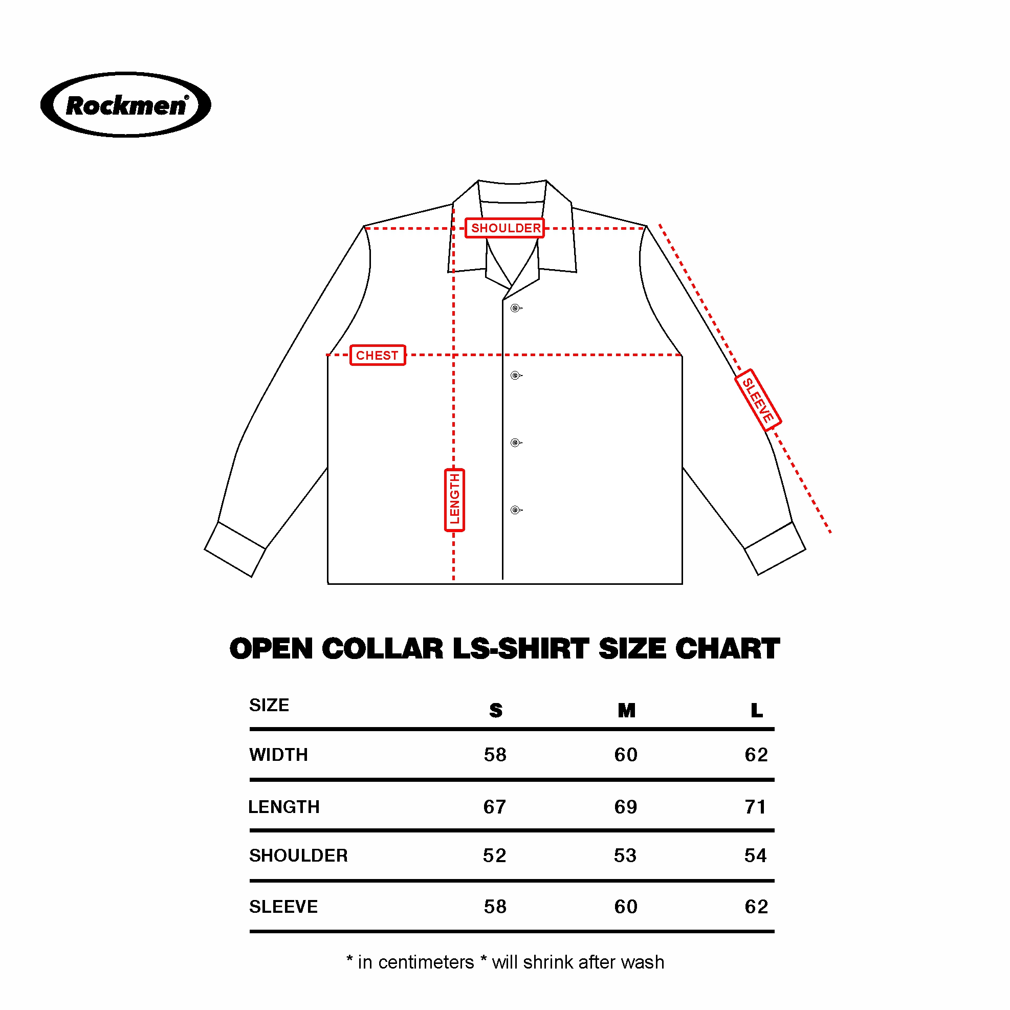 SIZE CHART JERSEY OPEN COLAR LS SHIRT